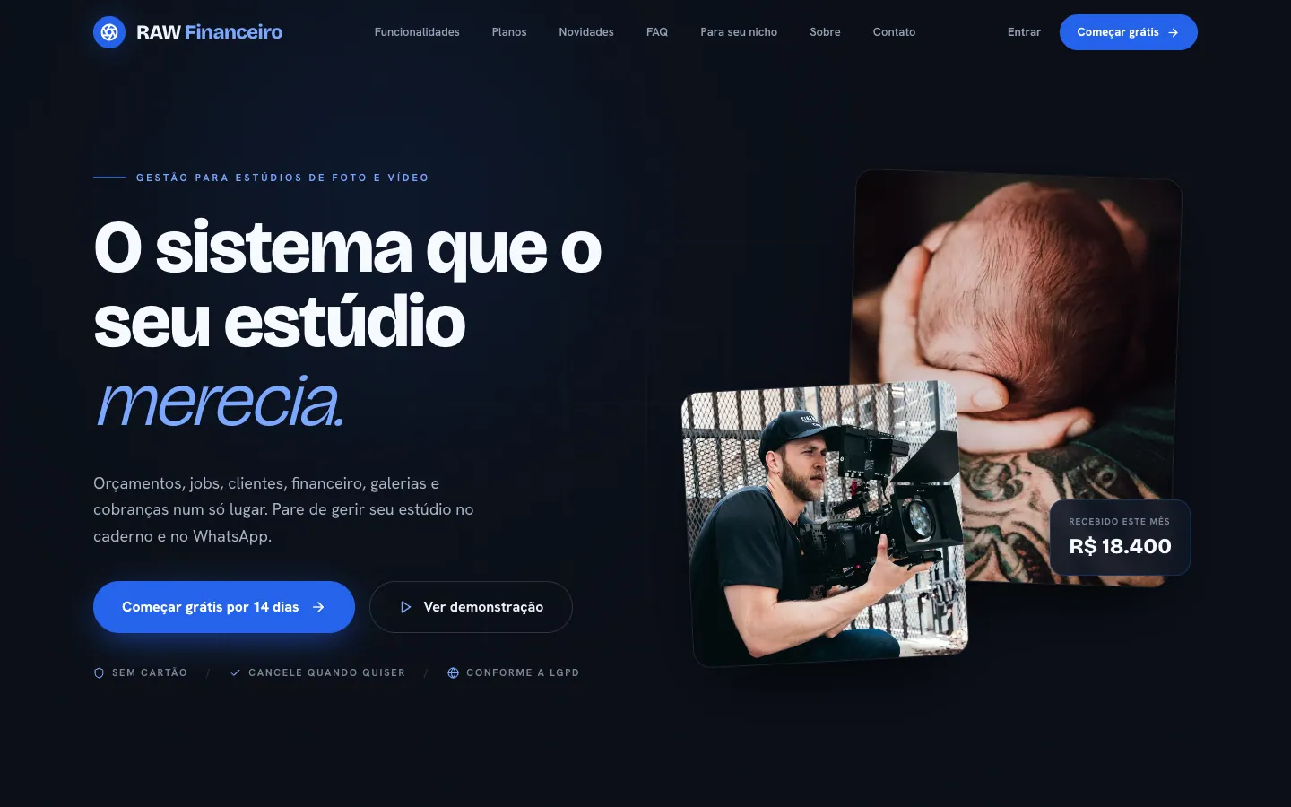 Primeira tela do RAW Financeiro, sistema de gestão para estúdios de foto e vídeo
